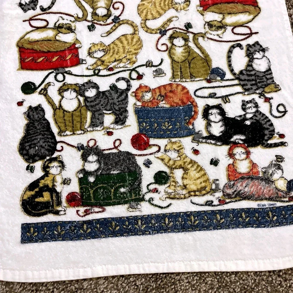 VTG CANNON Hand Kitchen‎ Towel Fringe 70s NOS Cat Yarn Butterfly Ladybug Mouse